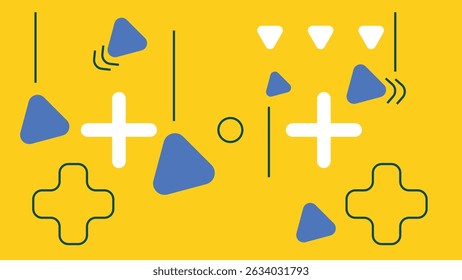 Bold abstract layout featuring plus signs, triangles, and dynamic arrows on a yellow background. Great for digital visuals and branding design.