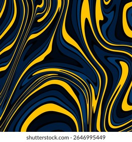 A bold abstract marble pattern featuring flowing yellow, navy, and black swirls. 