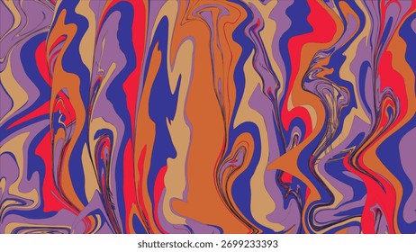 A bold abstract marbling pattern with flowing organic shapes in striking red, purple, and orange hues.