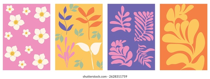 Bold abstract nature illustrations with tropical leaves and sun symbols in flat vector modern composition