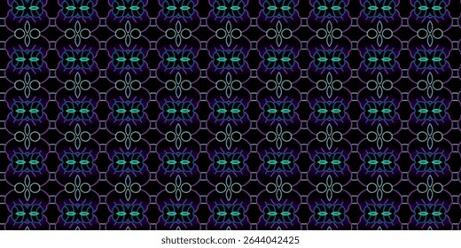 Bold abstract neon pattern with symmetrical floral elements in teal, purple, and black. Futuristic and striking, suitable for tech, nightlife, or fashion design.