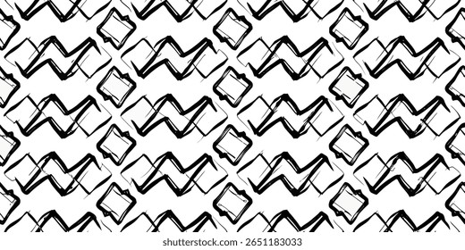A bold, abstract pattern features thick black brushstrokes forming interlocking zigzags and squares against a clean white background, creating a modern, graphic design.