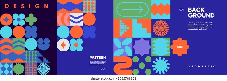 A bold abstract pattern with geometric shapes and vivid colors in a minimalist style. A modern vector background perfect for posters, flyers, banners, and festival themes. 