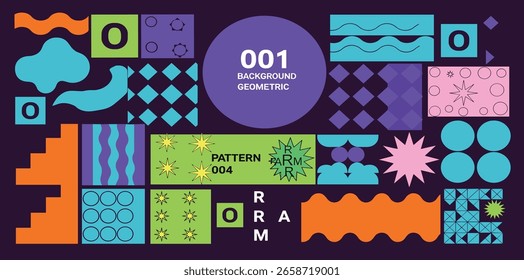 A bold abstract pattern with geometric shapes and vivid colors in a minimalist style. A modern vector background perfect for posters, flyers, banners, and festival themes.