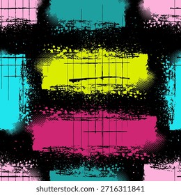 Fette abstrakte Muster mit Neonfarbblöcken, rauen Pinselstrichen, Spritzern und Gittertextur. Modernes Grunge-Design für Streetwear, Modeprints, Poster, Branding und urbane Textilprojekte.