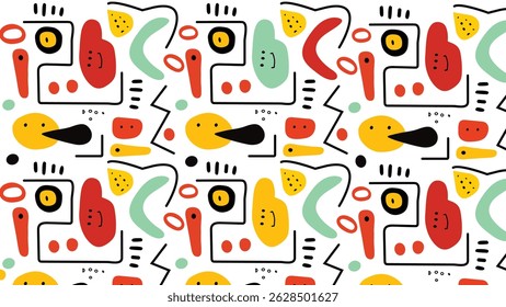 Bold and abstract playful elements with whimsical shapes and quirky facial expressions in a colorful and modern composition.