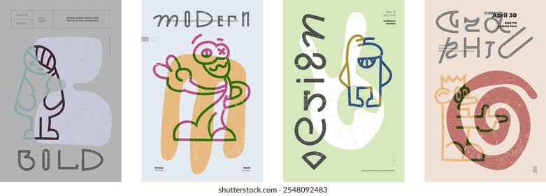 Bold abstract poster set featuring quirky linear characters and innovative contemporary lettering. Vibrant, primitive shapes meet retro minimalist typography with modern color palettes. Event graphics