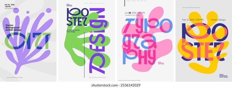 Bold and abstract poster set showcasing creative typography and vibrant shapes. Features overlapping text, minimalist vector graphics, and modern color schemes for 2025 events.