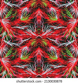 Bold abstract red pattern with wild lines and feather-like doodles. Vector seamless pattern design for textile, fashion, paper, packaging, wrapping and branding  