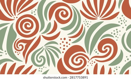 Bold abstract seamless pattern with rust orange swirls and green botanical leaves on a clean off-white background.