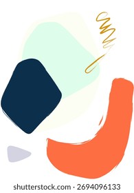 Kühne abstrakte Formen in Orange, Marineblau und Minzgrün mit einem goldenen Schnörkel auf weißem Hintergrund.