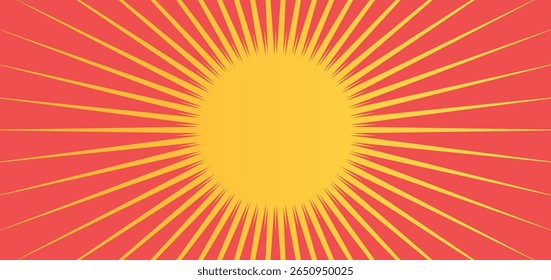 Bold abstract sunburst design with sharp yellow rays on a orange background and central circle