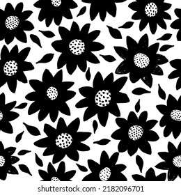 Bold abstract sunflower  ink vector seamless pattern. Freehand spring blossom natural background. Hand drawn painting for your fabric, wrapping paper, wallpaper design.
