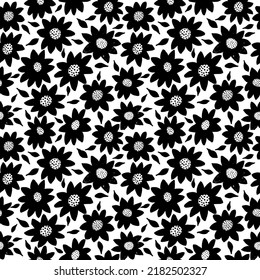 Bold abstract sunflower  ink vector seamless pattern. Black brush flowers with leaves. Hand drawn painting for your fabric, wrapping paper, wallpaper design.