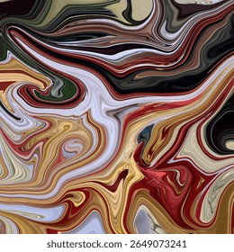 Bold abstract swirl featuring intense black, red, gold, and white waves. This energetic pattern is perfect for modern art, design, and expressive backgrounds.