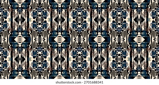 Patrón tribal simétrico Abstractas audaz

Cuarto de Fondo de pantalla. Diseño textil de caleidoscopio geométrico moderno. 

Azul marino y fondo a cuadros sin fisuras. Fondo de patrón étnico de moda
