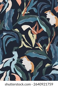 A bold, abstract tropical foliage pattern in rich blue, teal, and coral tones over a dark background. Hand-painted style gives this seamless vector a modern, artistic edge, suitable for fashion