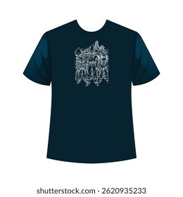 Bold abstract t-shirt design featuring vibrant colors and dynamic patterns.