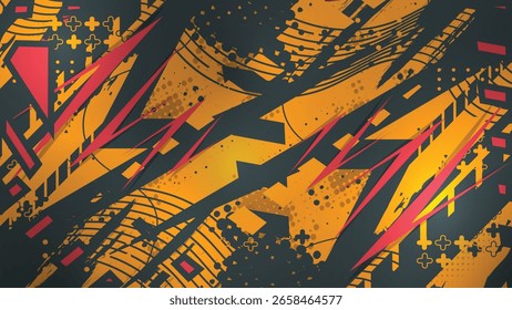 Bold abstract vector background with dynamic strokes, sharp angles, and grunge textures in orange, red, and dark tones. Perfect for racing, extreme sports, and digital design themes.