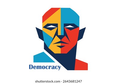 Bold abstract vector with geometric shapes forming a split face—half vibrant human, half stone statue with "Democracy" carved. Duotone, high-contrast design symbolizing diversity and legacy.