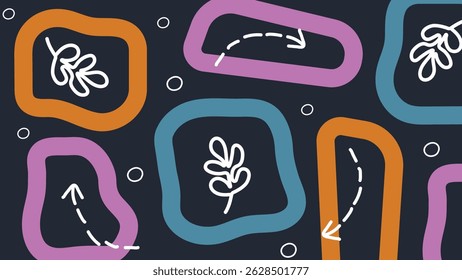 Bold abstract visuals with crown icons and organic shapes in red, green, and yellow on a dark background. Modern and fun graphic style.