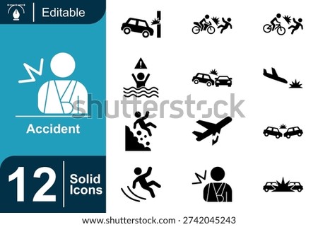 Bold accident icon collection including vehicle collision, personal injury, fall hazard and emergency warning elements designed for insurance, safety and risk awareness projects.