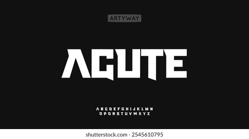 Bold acute alphabet, sharp rectangular letters, sturdy geometric font for impactful headline, strong industrial logo, edgy game title, sport branding and teamswear. Vector typeset.