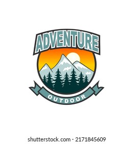 A bold adventure outdoor vector logo design showcasing mountains, pine trees, and a compass symbol. Ideal for hiking clubs, outdoor equipment brands, travel agencies, camping services