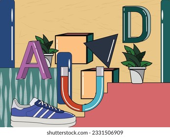 Bold Aesthetic Illustration with Alphabet Letters, Geometry Shapes, Plant Pot