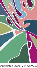 Bold aesthetic, wavy white lines and colorful curved shapes.