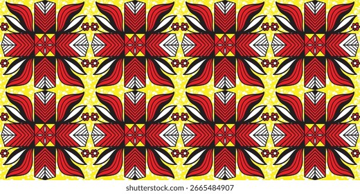 A bold African-style pattern with vibrant colors. Features geometric and floral motifs in red, white, and black on a yellow background, creating an energetic and festive feel.