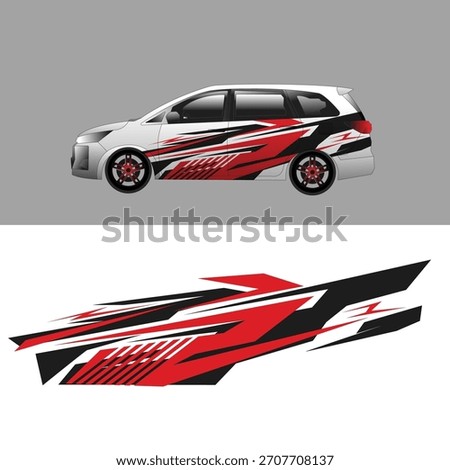A bold and aggressive car livery design featuring sharp geometric shapes in red, black, and white