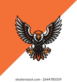 A bold and aggressive eagle flying forward with sharp talons, intense eyes, and wide open wings. This red and black vector illustration is perfect for American patriotic T-shirt designs, sports logos