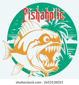 A bold and aggressive fish illustration in a vibrant t-shirt design featuring sharp teeth and dynamic lines, with the word "Fishaholic" in red gothic-style typography. The background includes a circul