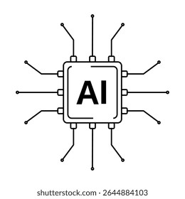 Bold AI chip icon with black lines, centralized layout and thin electronic branches. Ideal for tech illustrations.