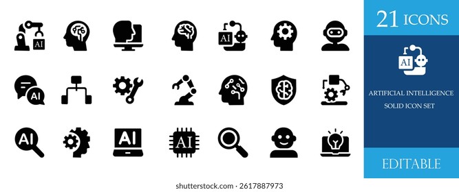 Bold AI icon set perfect for tech, robotics, and automation projects. Includes solid symbols of brain, machine learning, chatbot, neural network, microchip, data analysis, and innovation.
