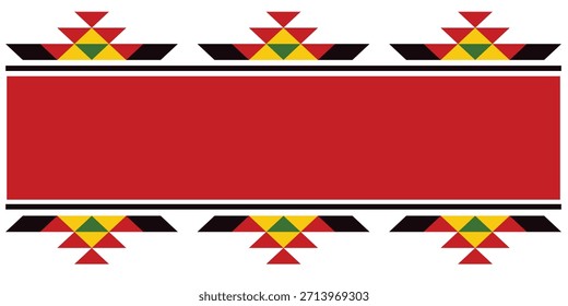 El audaz patrón de borde geométrico inspirado en Al Sadu enmarca el espacio central rojo para la marca de fondo de Anuncio árabe y el uso de diseño cultural