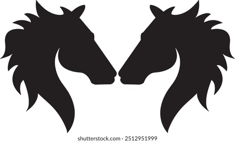 Un atrevido logo totalmente negro con dos majestuosos caballos en un abrazo dinámico, que exuda fuerza y elegancia. El diseño minimalista enfatiza sus formas poderosas y su unidad inquebrantable.