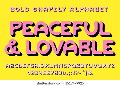 Bold all-caps groovy style alphabet. Set of basic latin capital letters, numbers and typographical symbols.