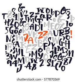 Bold alphabet letters: uppercase, numbers. Vector alphabet. Hand drawn letters. Letters of the alphabet written with a soft dry watercolor paint brush