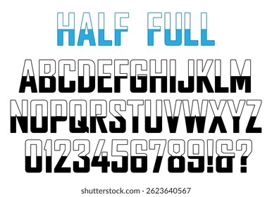 Bold alphabet and numbers, half filled with color. Large capital letters font. Vector illustration.