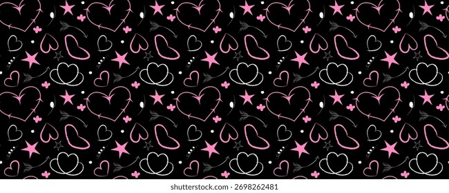Padrão de vetor sem emenda alternativo ousado com corações vibrantes pop-rosa e branco rabiscar, setas e estrelas no fundo preto profundo, perfeito para adolescente têxtil ou papel digital do Dia dos Namorados.