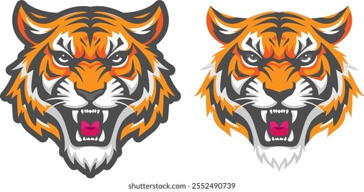 Bold and angry tiger head in two versions with outline and without in matte color icon.