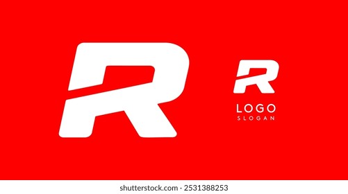 Bold angular letter R, geometric cutouts, minimalist sporty style, dynamic corporate identity, athletic and automotive logo, strong typographic design. Vector typeset