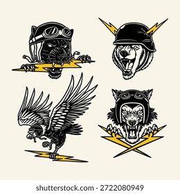 Bold animal biker characters featuring thunder motifs, ideal for logos, emblems, and retro motorcycle garage themes.