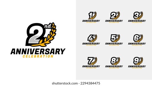 Bold anniversary logo collections. Birthday number for celebration moment with sport style. 1, 2, 3, 4, 5, 6, 7, 8, 9, years logo set