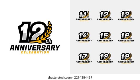 Bold anniversary logo collections. Birthday number for celebration moment with sport style. 11, 12, 13, 14, 15, 16, 17, 18, 19, years logo set