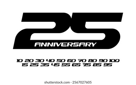 Bold anniversary typography featuring numbers from 10 to 100 in a sleek, racing automotive style. Perfect for corporate branding, milestone celebrations, or event materials. Vector illustration