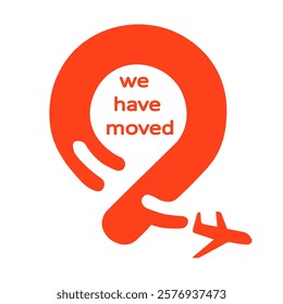 Bold announcement of relocation featuring a playful airplane design in vibrant colors