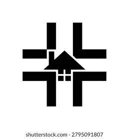 Bold architectural symbol merging a cross shape with a home. Professional design for security, real estate, or housing community organizations.